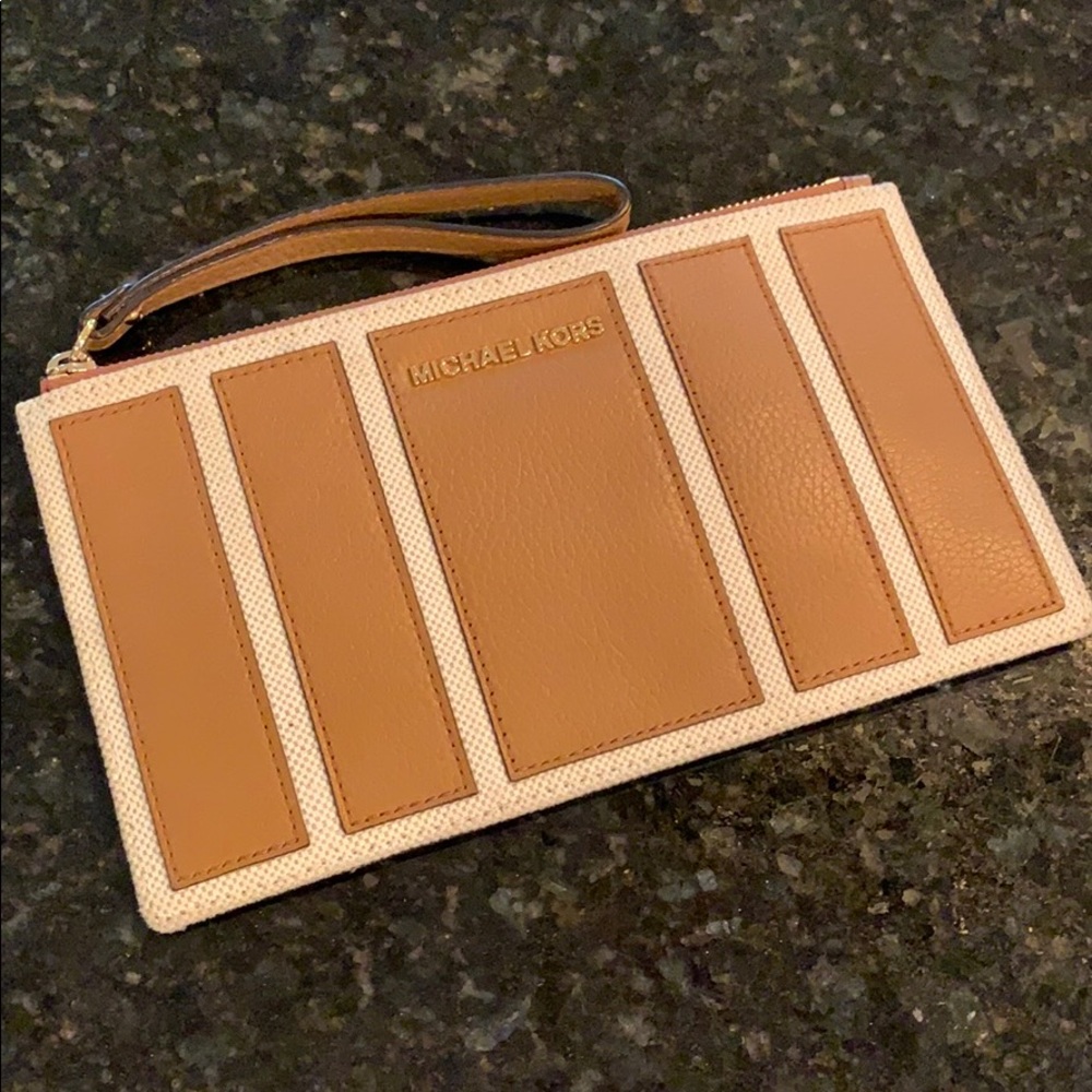 Michael Kors Beige and Brown Leather Accent Wristlet Clutch